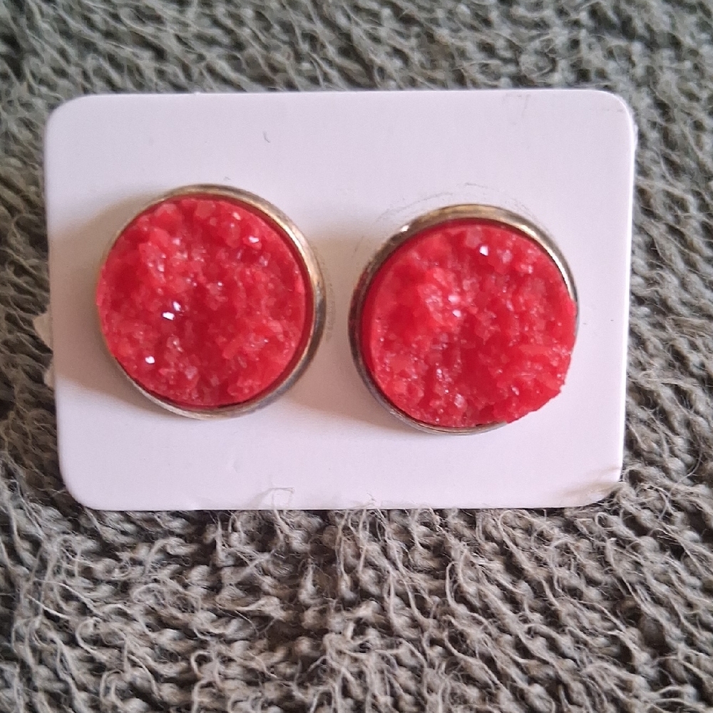 Elegant Coral Red Druzy Stud Earrings
